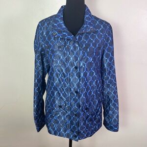 Charter Club Womens Blue Quatrefoil Utility Field Jacket Zip Snap Front Large